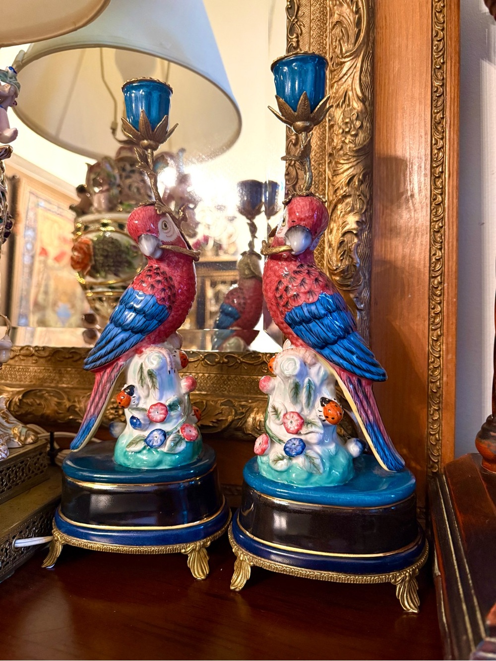 Hand-Painted Bronze Parrot Table Candleholders in Pink and Blue